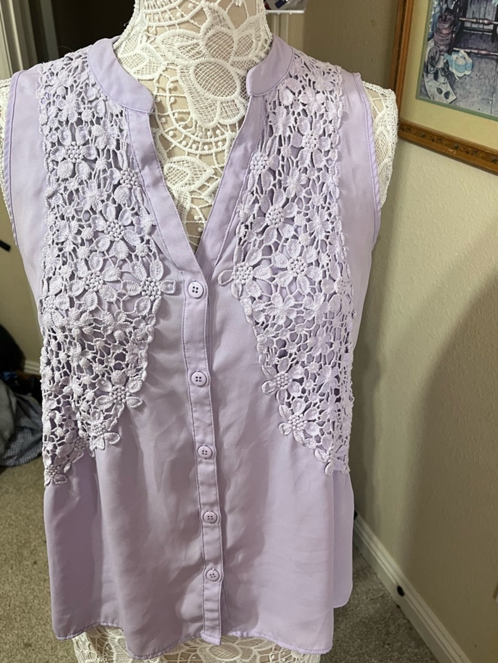 Maurices Lavender Sleeveless Crochet Floral Panel Button-Front Camisole